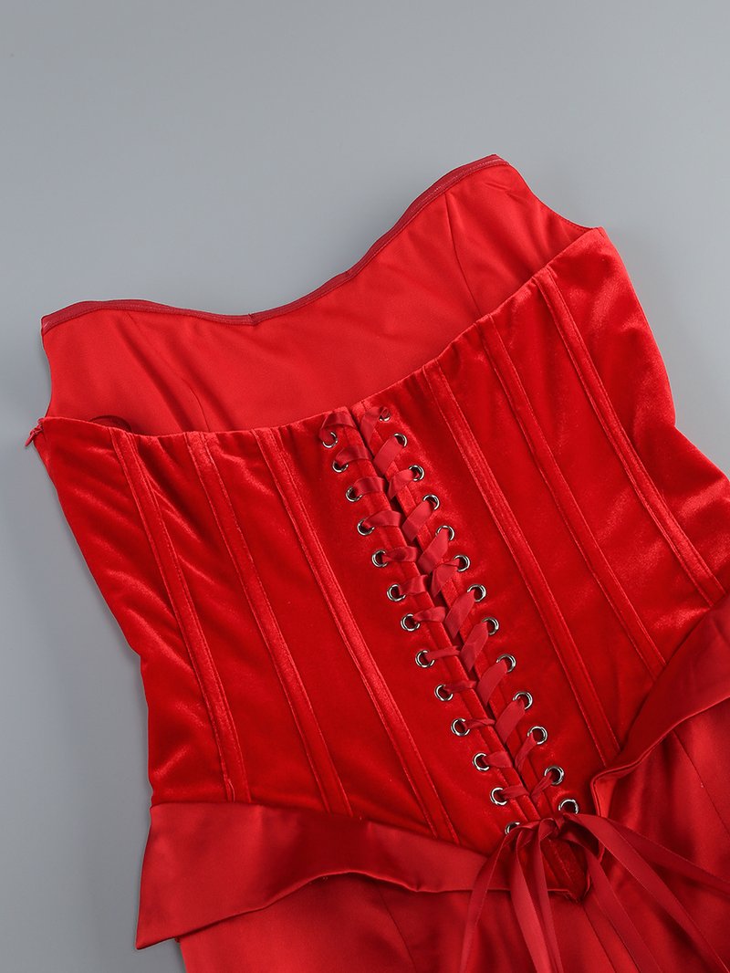 Strapless Corset Back Red Satin Gown H6680