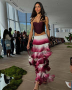 Strapless Corset Top with Ombre Fringe Maxi Skirt H6720