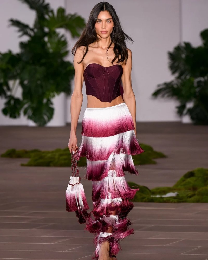 Strapless Corset Top with Ombre Fringe Maxi Skirt H6720