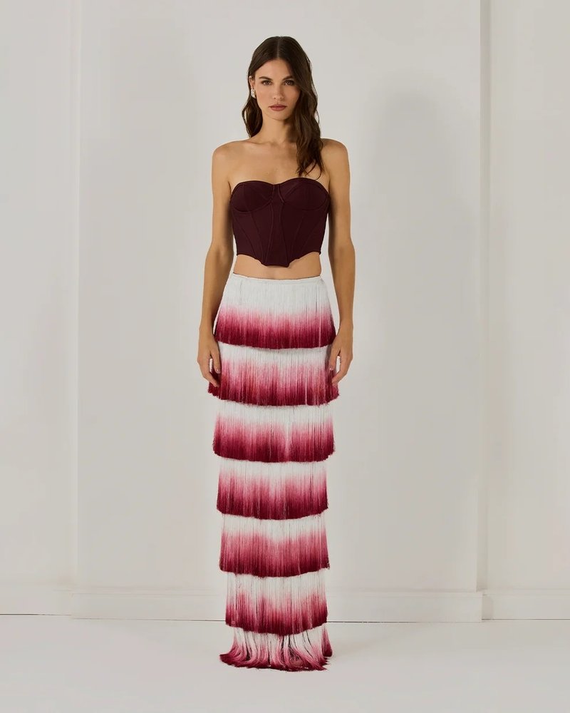 Strapless Corset Top with Ombre Fringe Maxi Skirt H6720