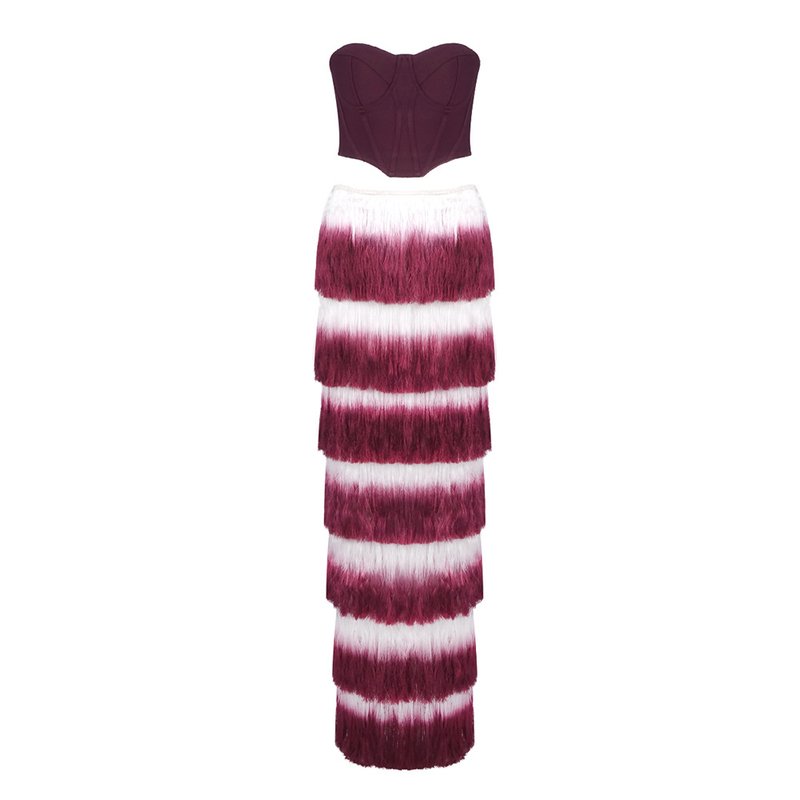 Strapless Corset Top with Ombre Fringe Maxi Skirt H6720