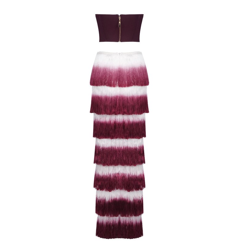 Strapless Corset Top with Ombre Fringe Maxi Skirt H6720