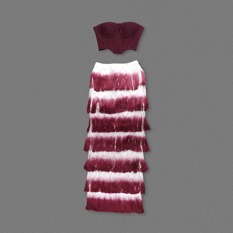 Strapless Corset Top with Ombre Fringe Maxi Skirt H6720
