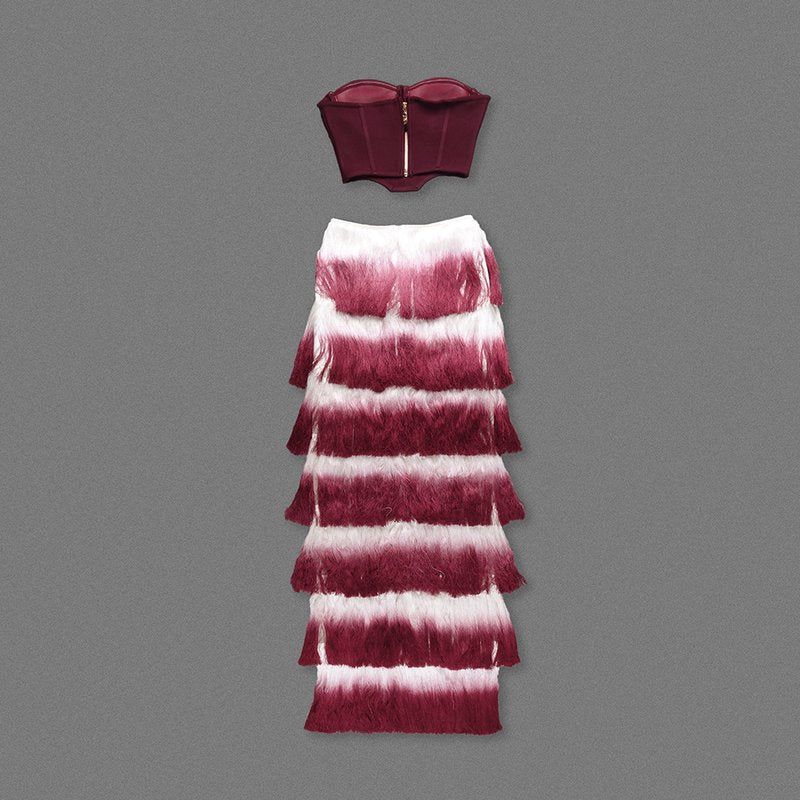 Strapless Corset Top with Ombre Fringe Maxi Skirt H6720