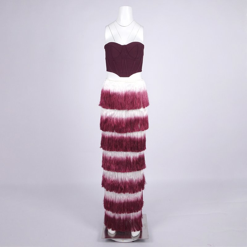 Strapless Corset Top with Ombre Fringe Maxi Skirt H6720
