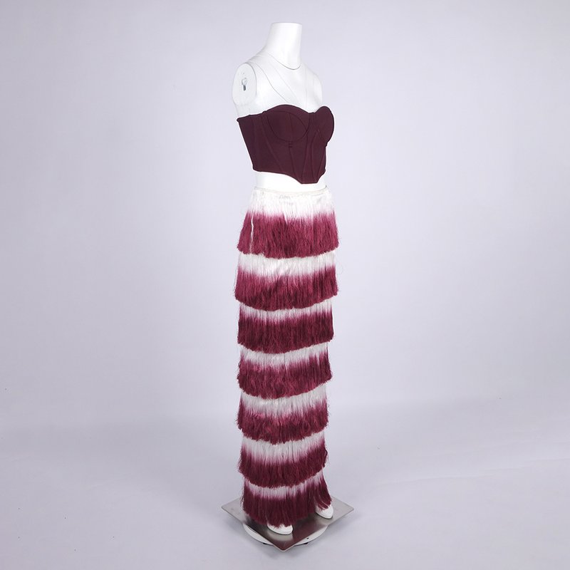 Strapless Corset Top with Ombre Fringe Maxi Skirt H6720