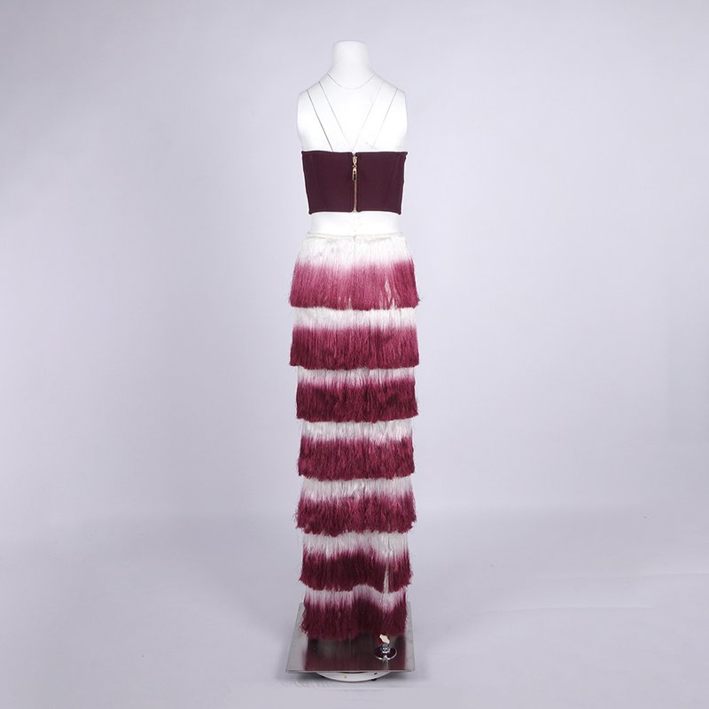 Strapless Corset Top with Ombre Fringe Maxi Skirt H6720