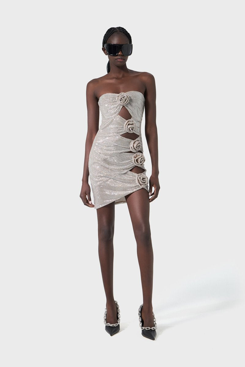 Strapless Crystal Rose Cutout Mini Dress H6550