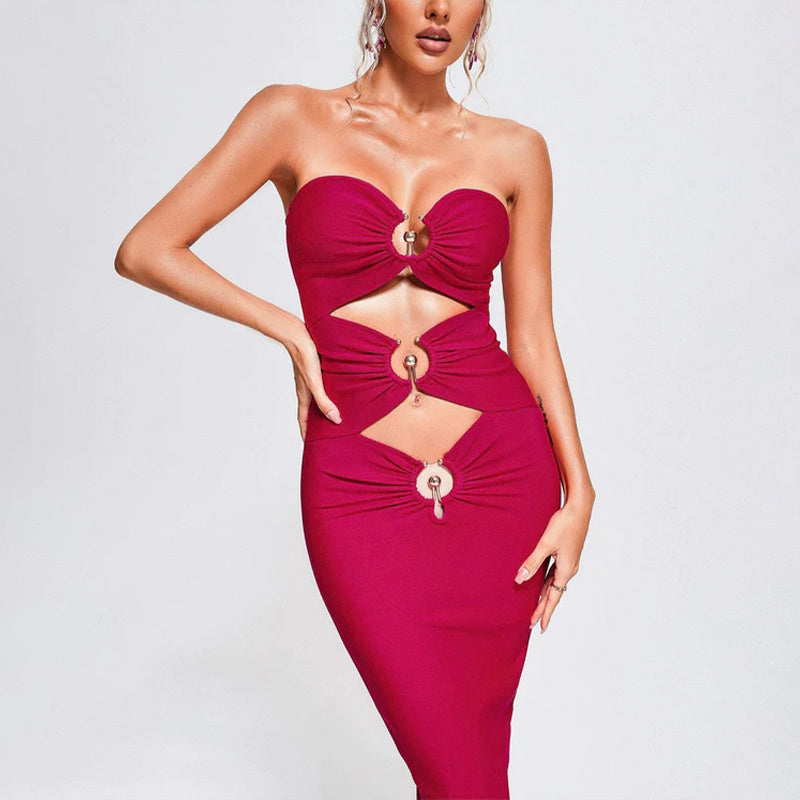 Strapless Cutout Button Bandage Dress H6067