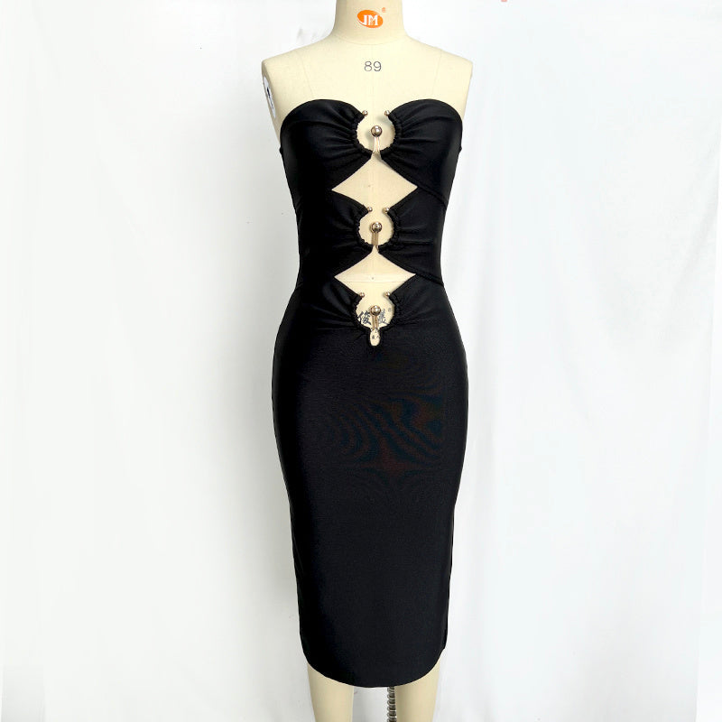 Strapless Cutout Button Bandage Dress H6067