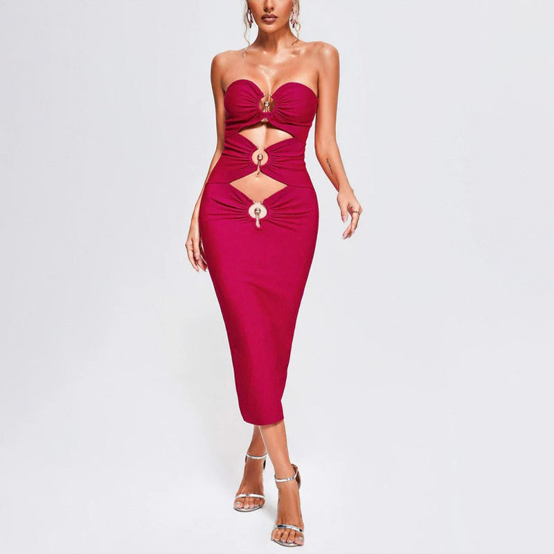 Strapless Cutout Button Bandage Dress H6067