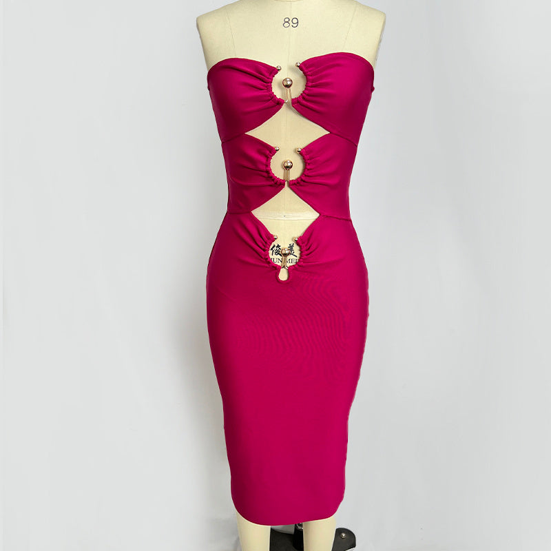 Strapless Cutout Button Bandage Dress H6067
