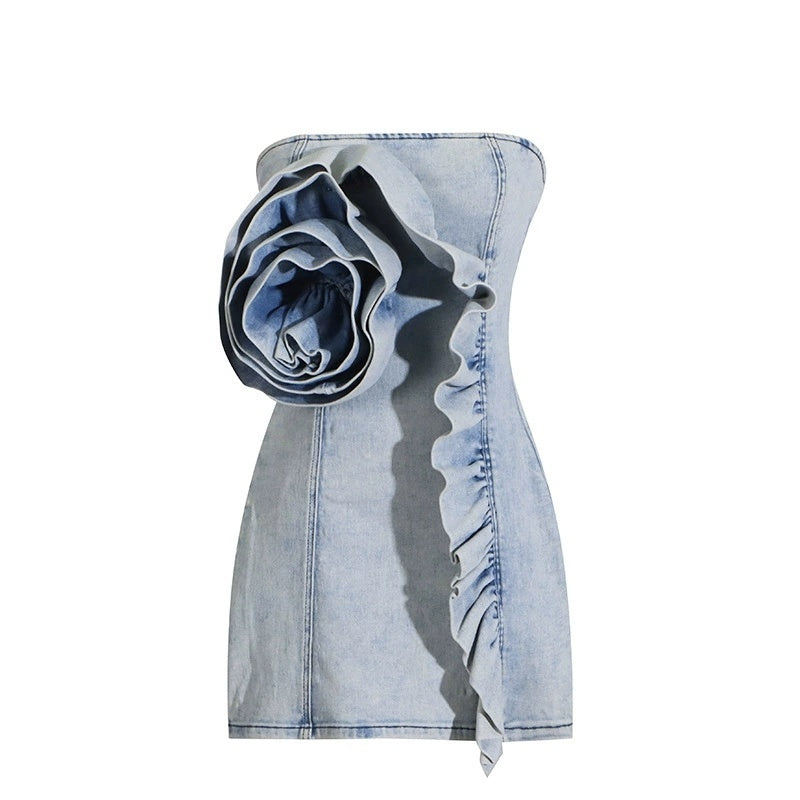 Strapless Denim Rose Mini Dress H6358