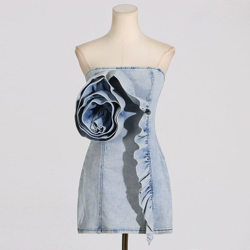 Strapless Denim Rose Mini Dress H6358