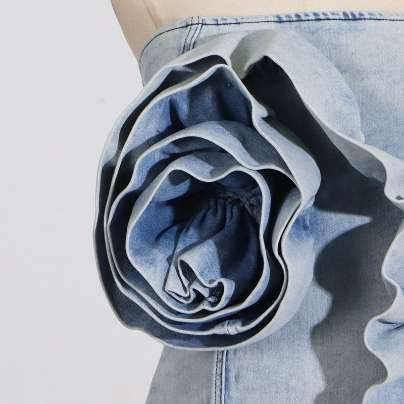 Strapless Denim Rose Mini Dress H6358