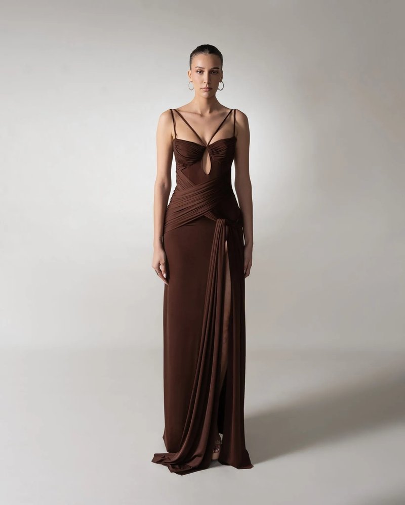 Strapless Draped Chocolate Maxi Dress H6881