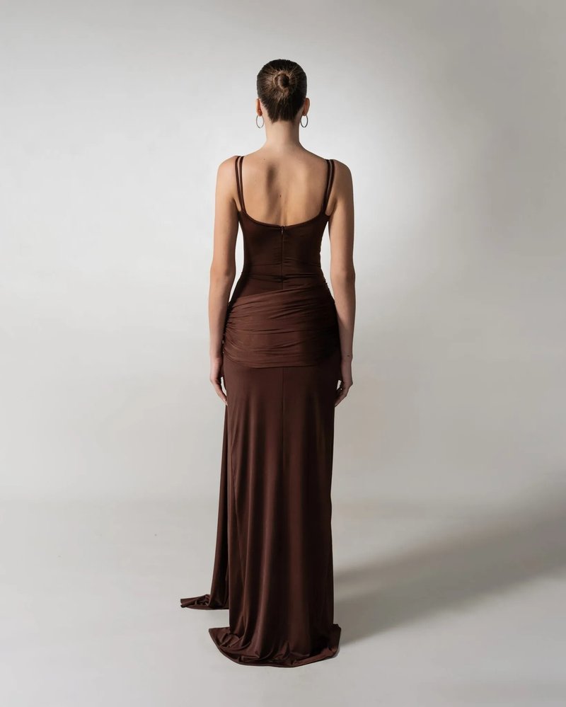 Strapless Draped Chocolate Maxi Dress H6881