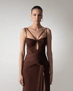 Strapless Draped Chocolate Maxi Dress H6881