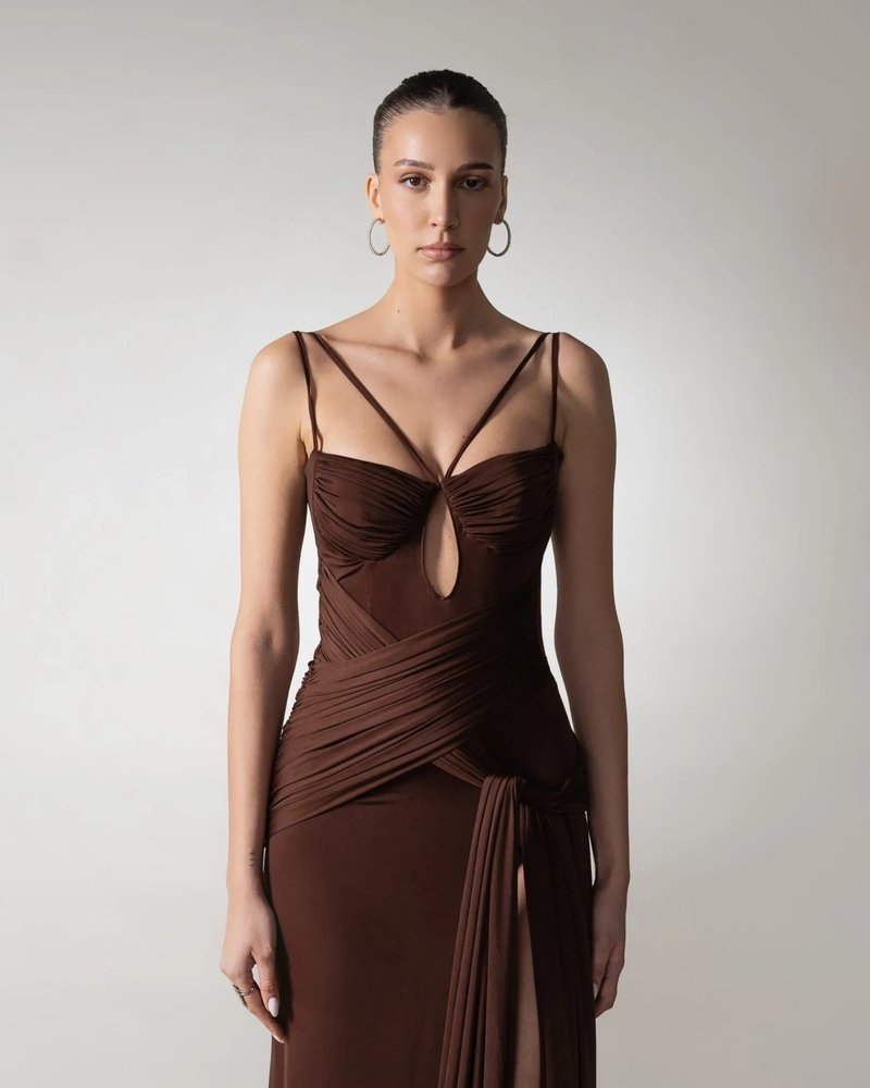Strapless Draped Chocolate Maxi Dress H6881