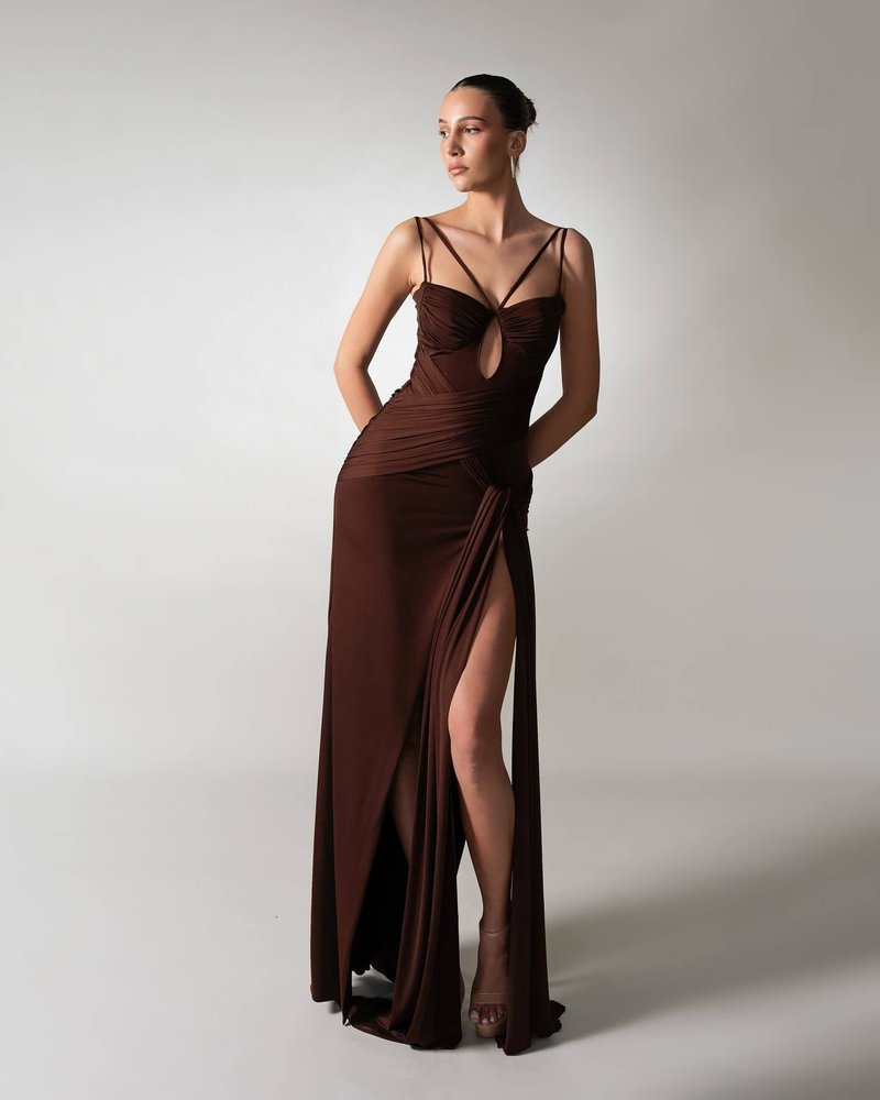 Strapless Draped Chocolate Maxi Dress H6881