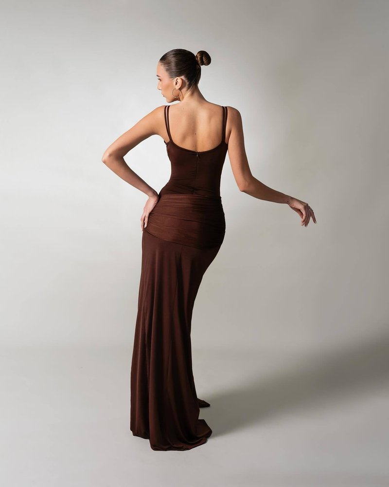 Strapless Draped Chocolate Maxi Dress H6881
