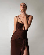 Strapless Draped Chocolate Maxi Dress H6881