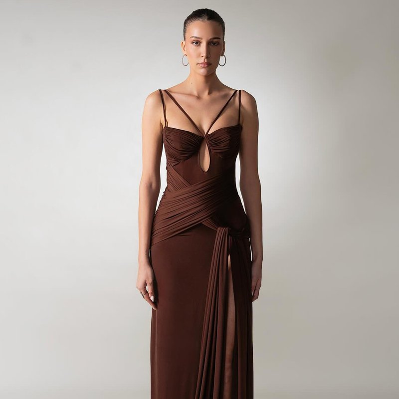 Strapless Draped Chocolate Maxi Dress H6881