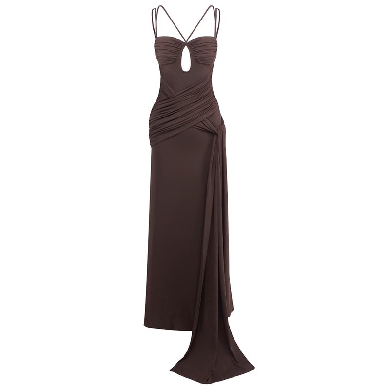 Strapless Draped Chocolate Maxi Dress H6881