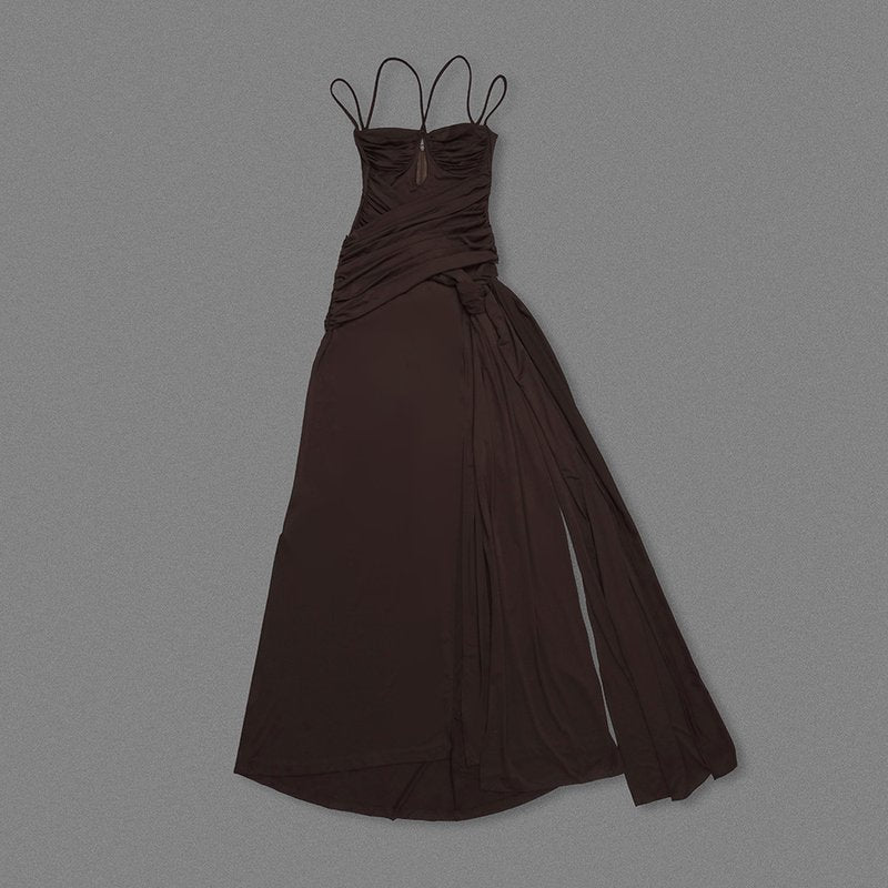 Strapless Draped Chocolate Maxi Dress H6881