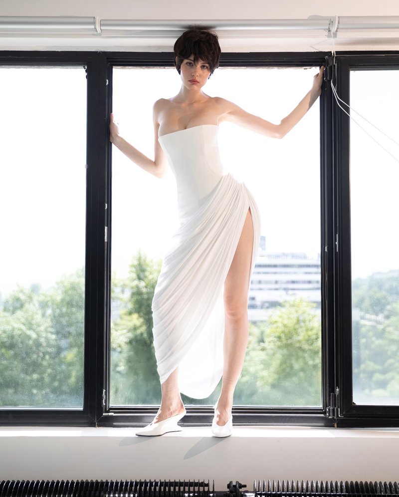 Strapless Draped High-Slit Gown H7020