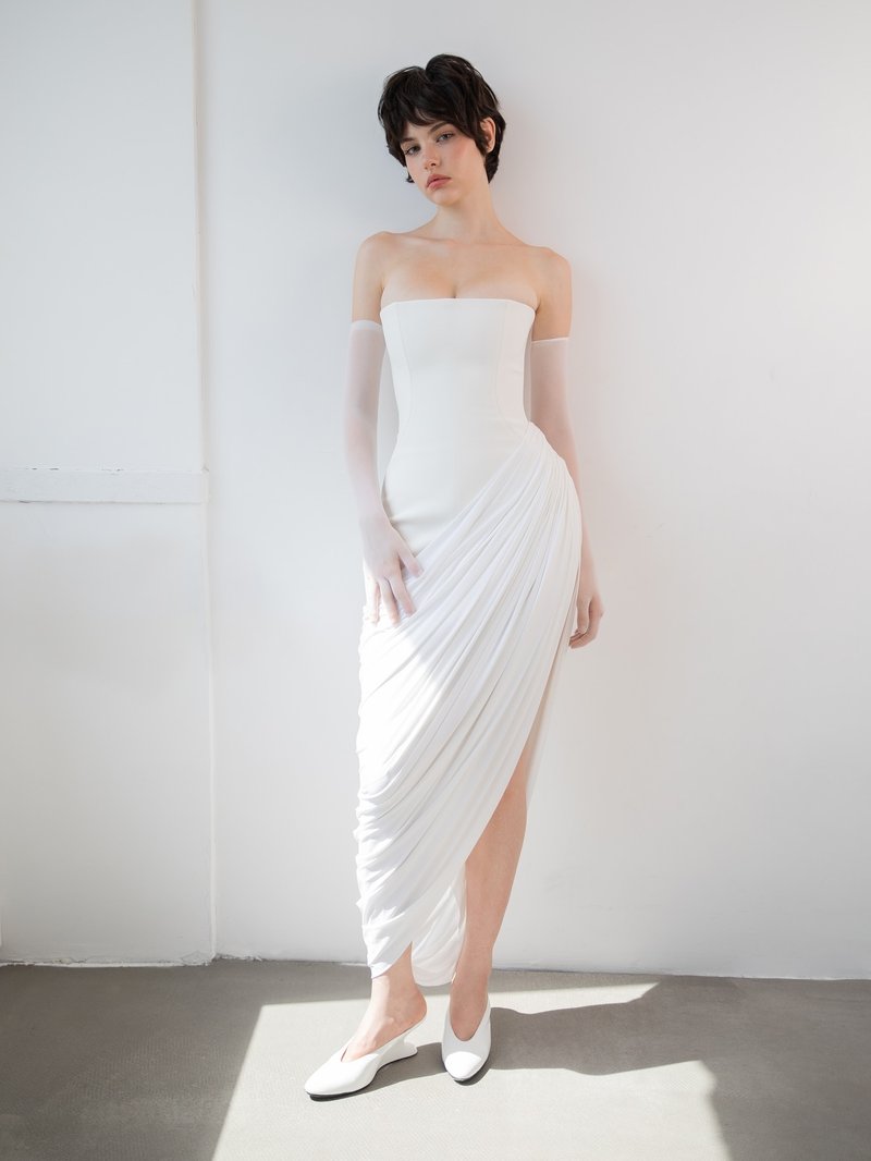 Strapless Draped High-Slit Gown H7020