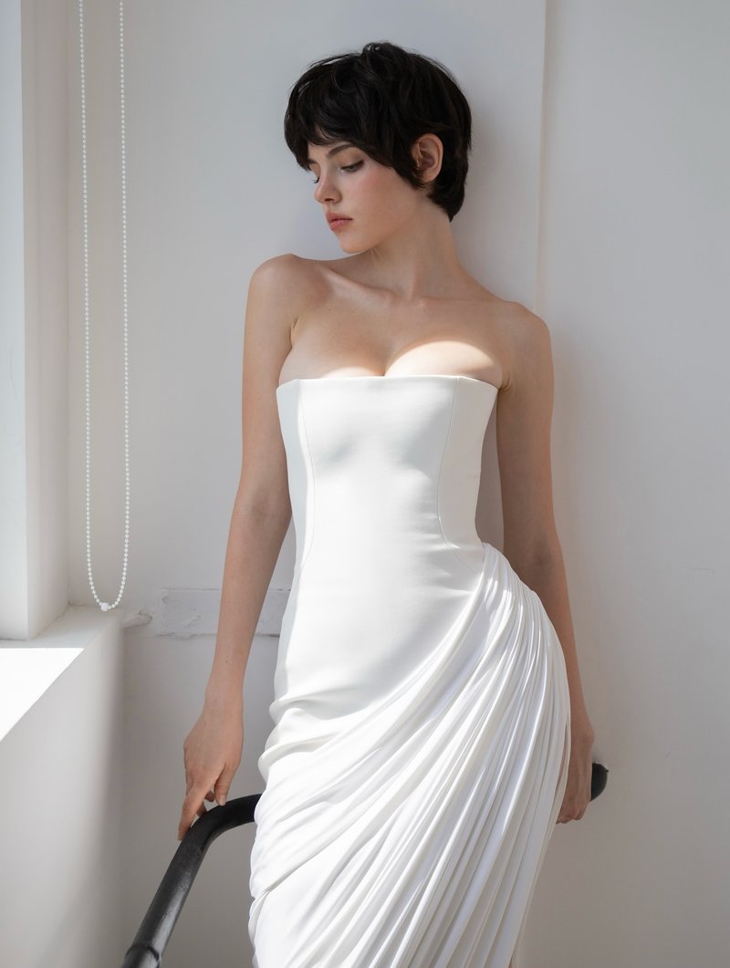 Strapless Draped High-Slit Gown H7020