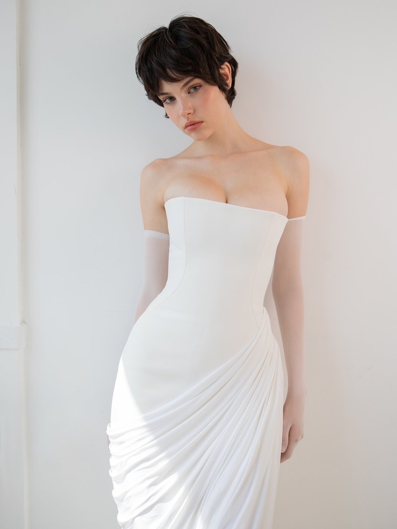 Strapless Draped High-Slit Gown H7020
