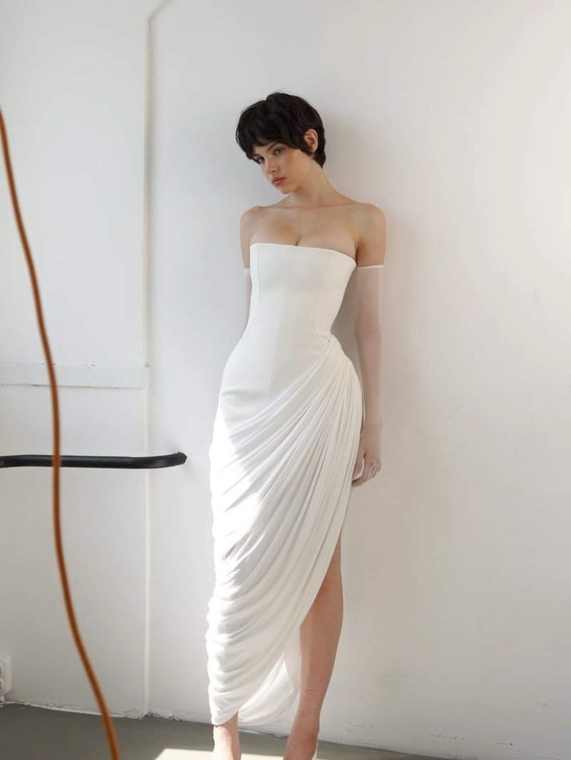 Strapless Draped High-Slit Gown H7020