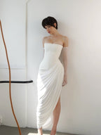 Strapless Draped High-Slit Gown H7020