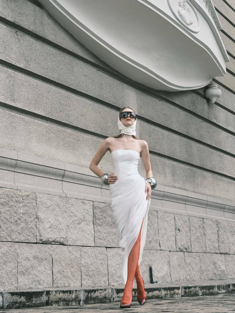 Strapless Draped High-Slit Gown H7020