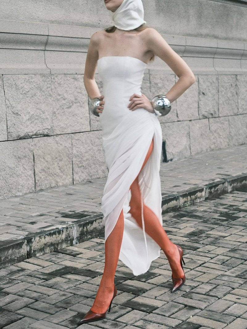 Strapless Draped High-Slit Gown H7020