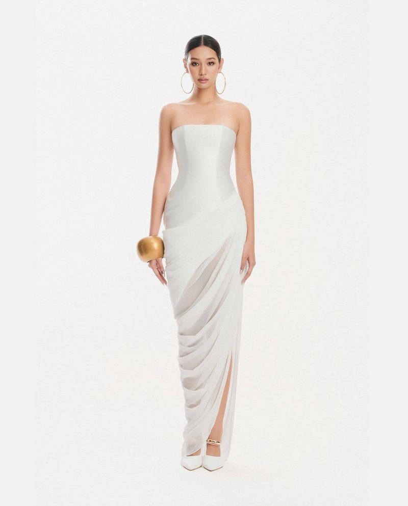 Strapless Draped High-Slit Gown H7020