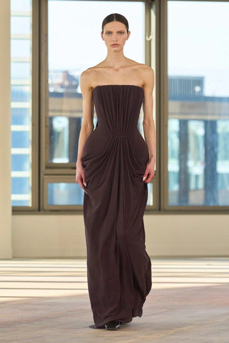 Strapless Draped Satin Maxi Dress H7129