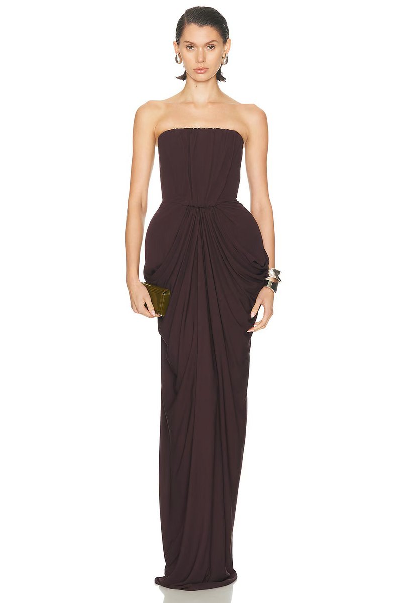 Strapless Draped Satin Maxi Dress H7129