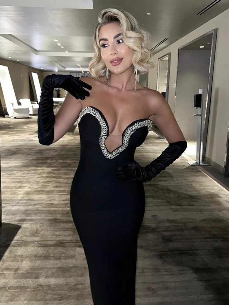 Strapless Embellished Black Bandage Dress H6046