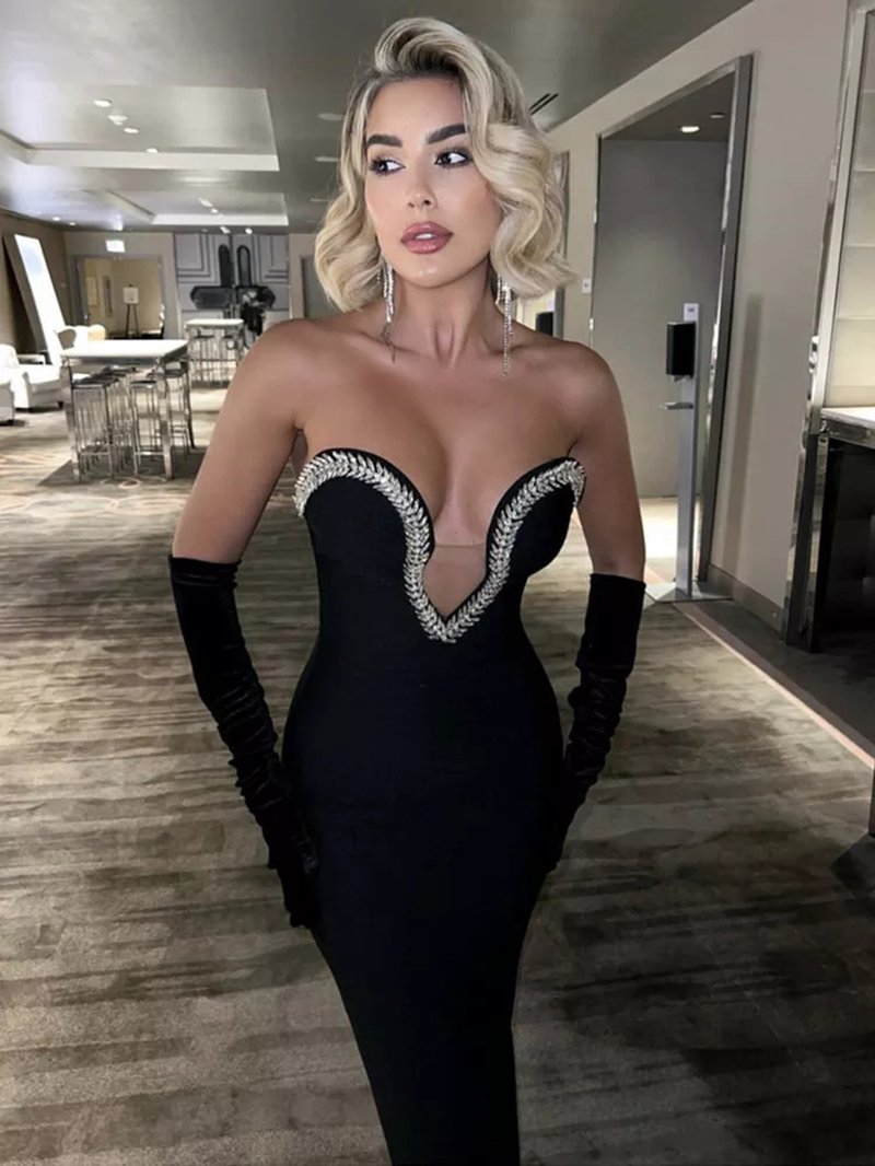 Strapless Embellished Black Bandage Dress H6046