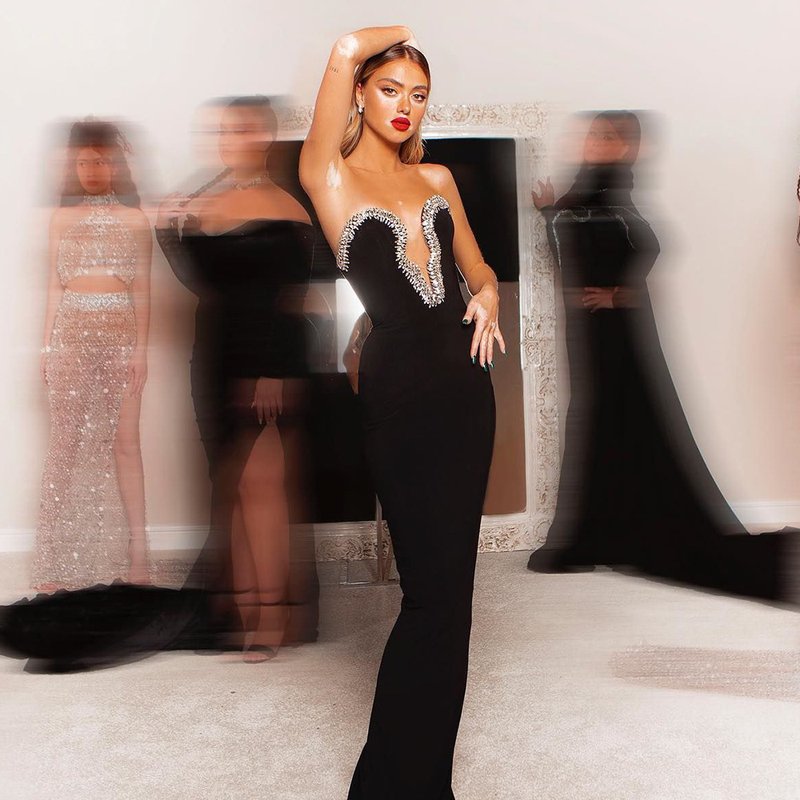 Strapless Embellished Black Bandage Dress H6046