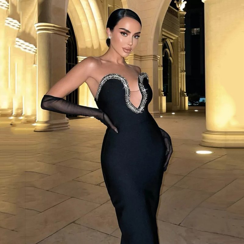Strapless Embellished Black Bandage Dress H6046