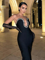 Strapless Embellished Black Bandage Dress H6046