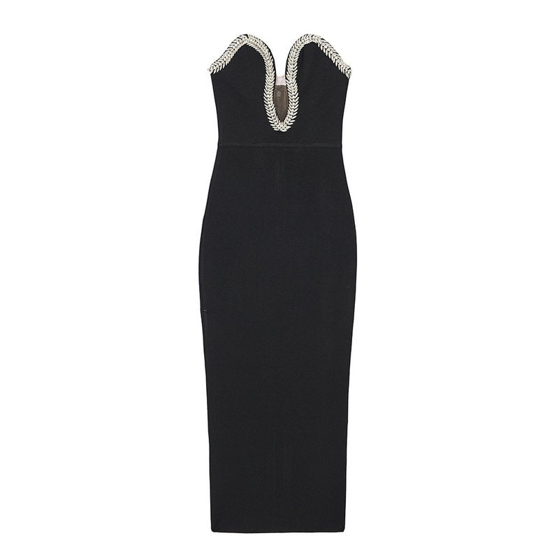 Strapless Embellished Black Bandage Dress H6046