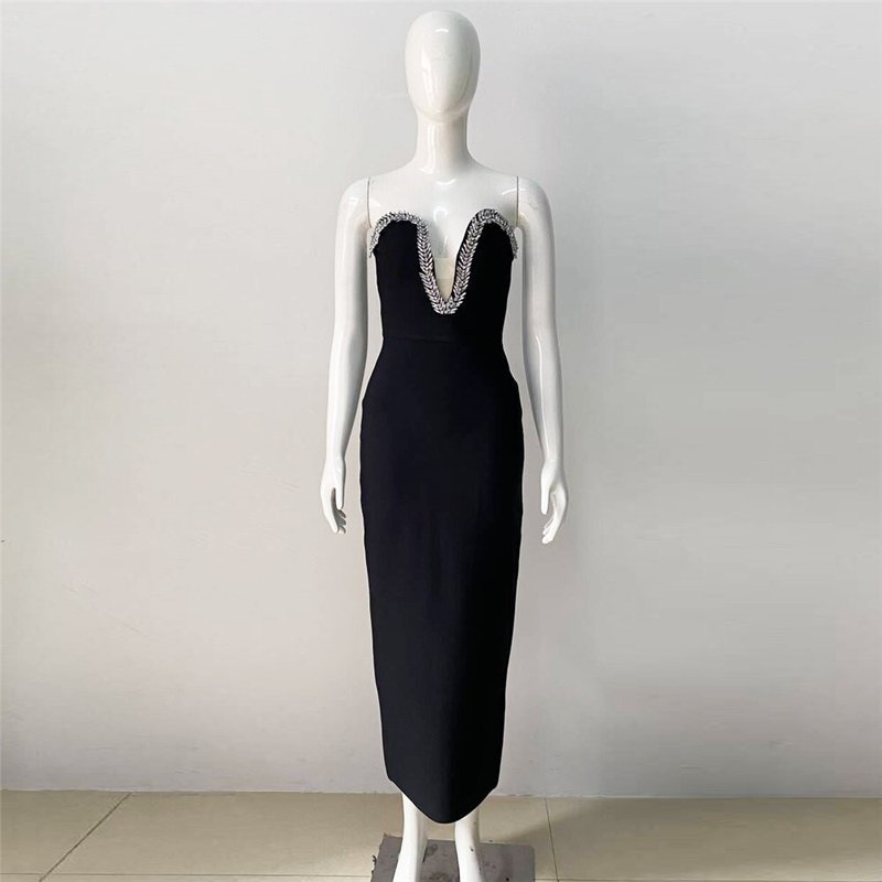 Strapless Embellished Black Bandage Dress H6046