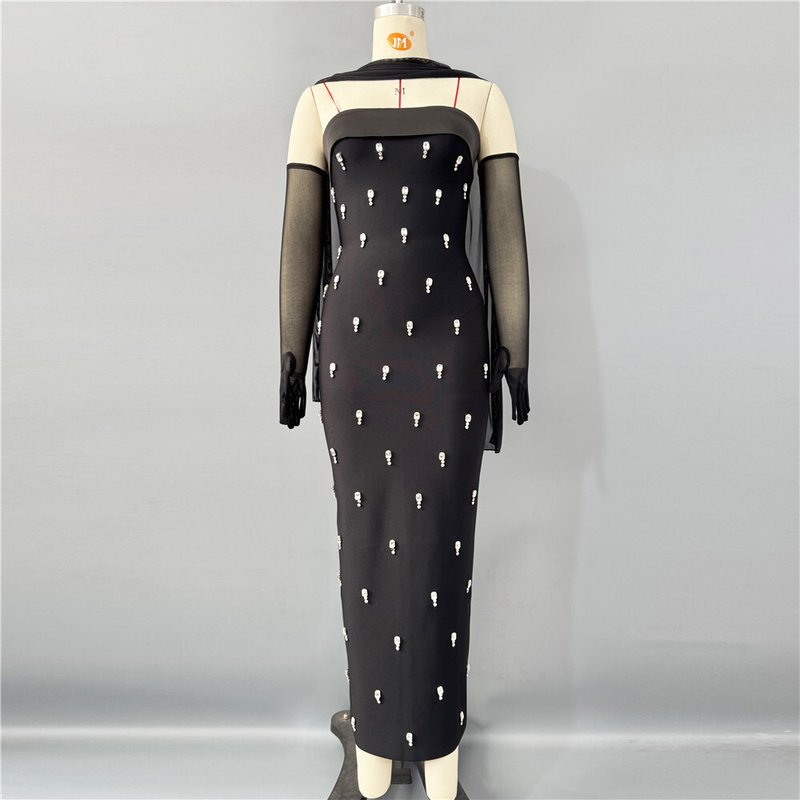 Strapless Embellished Black Maxi Dress H6822