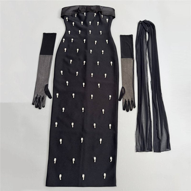 Strapless Embellished Black Maxi Dress H6822