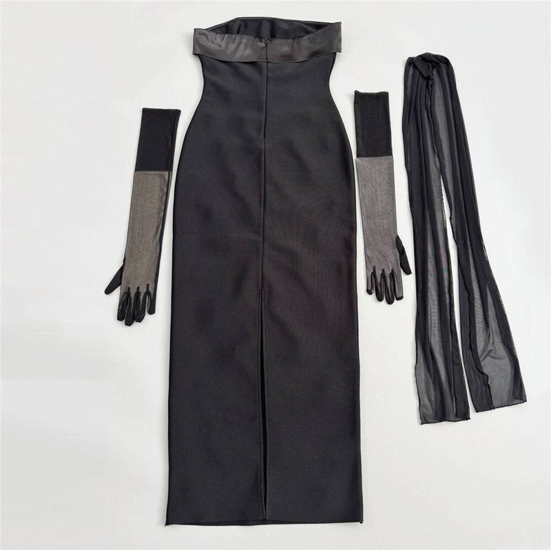 Strapless Embellished Black Maxi Dress H6822